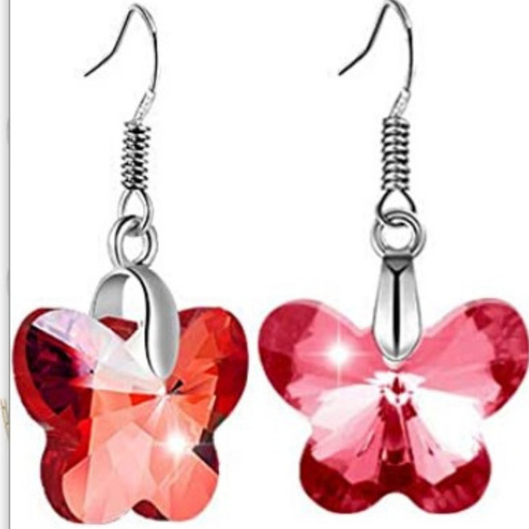Butterfly Earrings Red Dangle Drop Earrings Butterflies Silver Translucent - Picture 3 of 8
